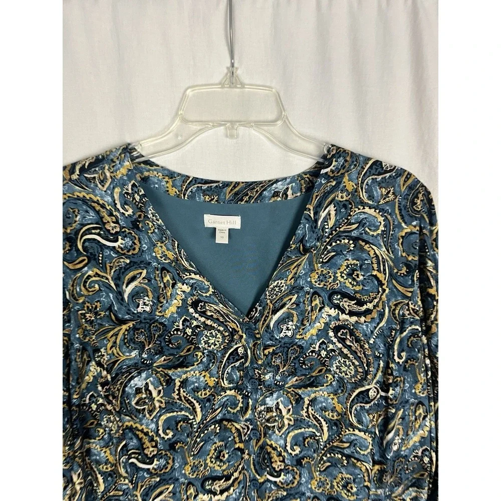 Garnet Hill Women's Size 10‎ Drop Waist Button Up Long Sleeve Teal Paisley Dress